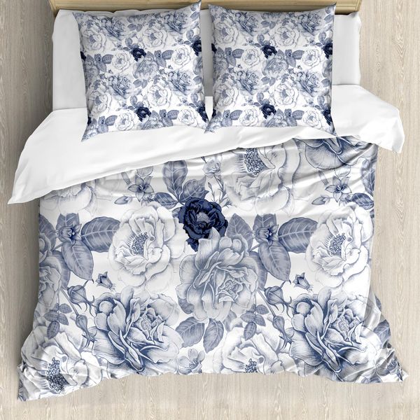 Abakuhaus Copripiumino Shabby Flora, Garden Spring Roses, Antiacaro E Anallergico, Con Federe, 155 Cm X 220 Cm - 80 X 80 Cm, Blu, Grigio E Bianco-image
