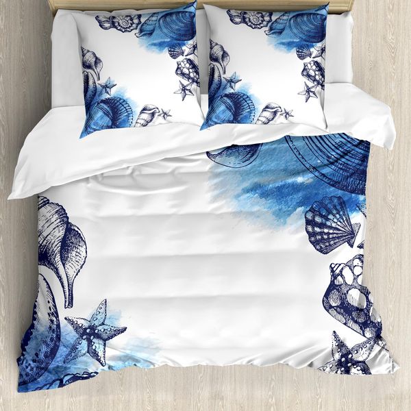 Abakuhaus Copripiumino Ocean, Sealife Sea Shells Sand, Antiacaro, Adatto A Chi Soffre Di Allergie, Con Federe, 200 Cm X 200 Cm - 80 X 80 Cm, Blu Navy E Bianco-image