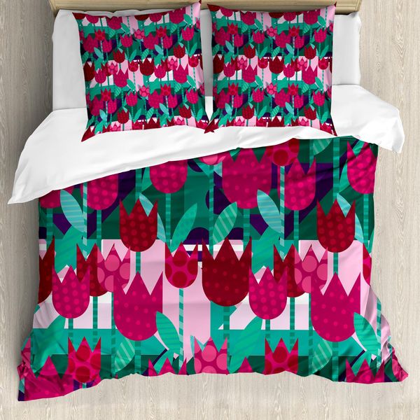 Abakuhaus Copripiumino Con Fiori, Tulipani Astratti, Antiacaro, Adatto A Chi Soffre Di Allergie, Con Federe, 200 Cm X 200 Cm - 80 X 80 Cm, Verde Giada E Rosso-image