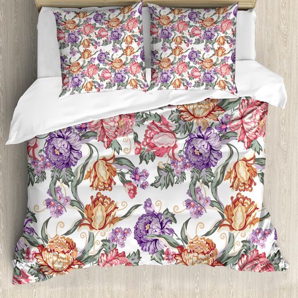 Abakuhaus Copripiumino Con Motivi Floreali, Fiori Retrò E Riccioli, Antiacaro E Anallergico, Con Federe, 155 Cm X 220 Cm - 80 X 80 Cm, Multicolore-image