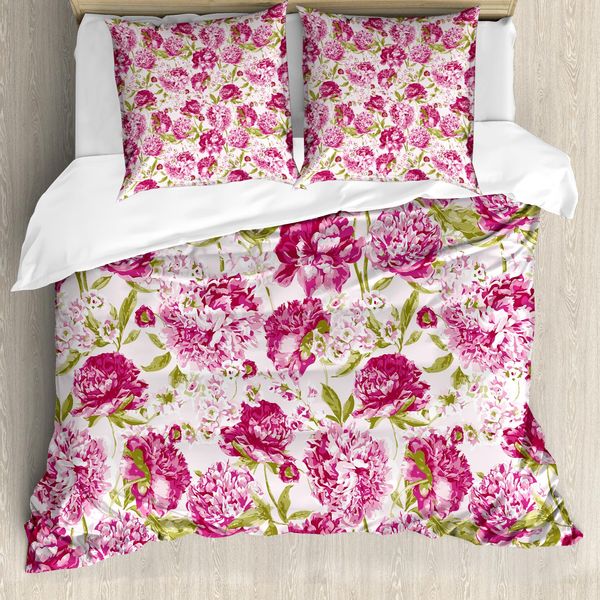 Abakuhaus Copripiumino Con Fiori, Peonie E Foglie, Antiacaro, Adatto A Chi Soffre Di Allergie, Con Federe, 200 Cm X 200 Cm - 80 X 80 Cm, Rosa, Bianco, Verde Oliva-image