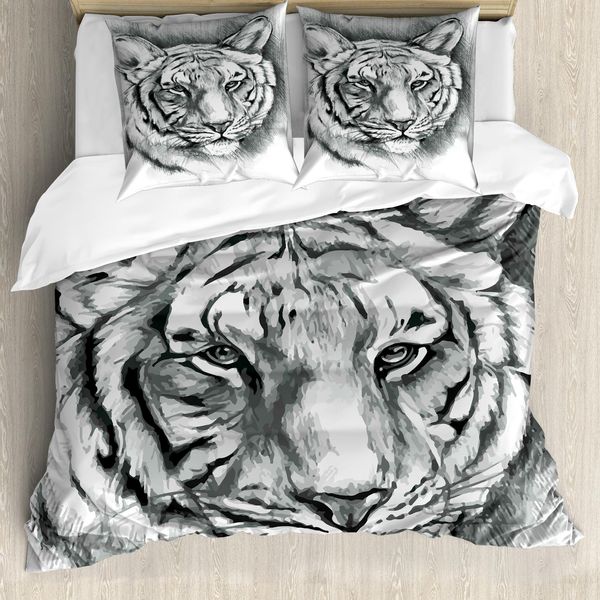 Abakuhaus Copripiumino Skizzenhaft, Grigio Lion Head, Antiacaro, Adatto A Chi Soffre Di Allergie, Con Federe, 200 Cm X 200 Cm - 80 X 80 Cm, Grigio Chiaro Bianco-image