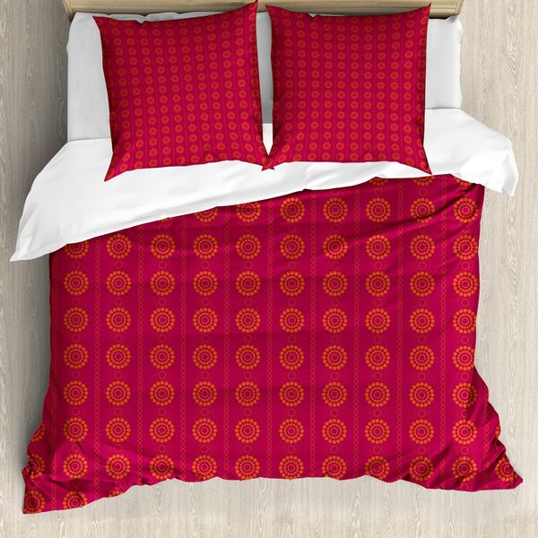Abakuhaus Set Copripiumino Orientale Per Letti Matrimoniali, Ispirato Al Sole Etnico, Antiacaro Adatto A Chi Soffre Di Allergie Con Federe, Rosso Scarlatto E Marrone Castagna-image