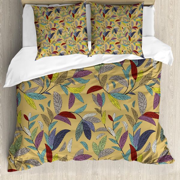 Abakuhaus Copripiumino Con Motivo Floreale, Disegnato A Mano Con Motivo A Foglie, Antiacaro E Anallergico, Con Federe, 200 Cm X 200 Cm - 80 X 80 Cm, Multicolore-image