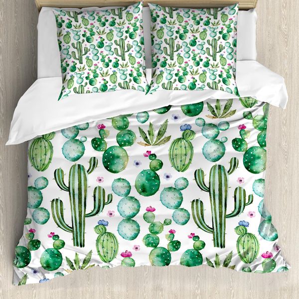 Abakuhaus Copripiumino Verde, Motivi Cactus Messicani, Antiacaro, Adatto A Chi Soffre Di Allergie, Con Federe, 200 Cm X 200 Cm - 80 X 80 Cm, Verde Lime Rosa Pallido-image