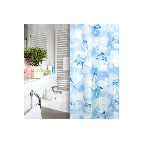 Tenda Da Doccia Tessile Bianca Con Delfini Blu 240X200 Incl. Anelli-image