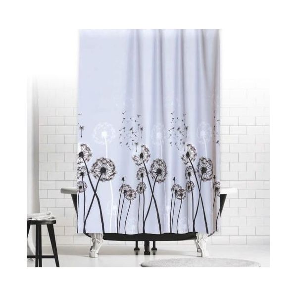Tenda Da Doccia Tessile Dandelion 240X200 Cm Grigio Nero Bianco Fiori Tenda Incl. Anelli Per Tenda Doccia-image