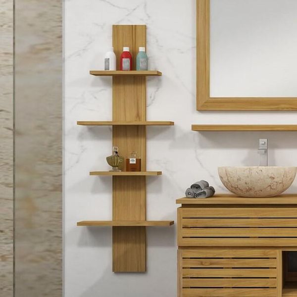 Mensola Da Parete Teako Design Teak 150X50Cm - Mensola Da Bagno In Legno Massiccio 4 Scomparti - Resistente Alle Intemperie E All'acqua-image