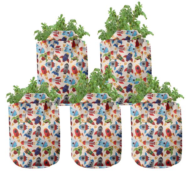 Abakuhaus Contenitori Per Coltivazione, Confezione Da 5, Cartoni Animati Con Astronavi, Contenitori In Tessuto Ad Alte Prestazioni Con Manici Per Piante, 7 Galloni, Multicolore-image