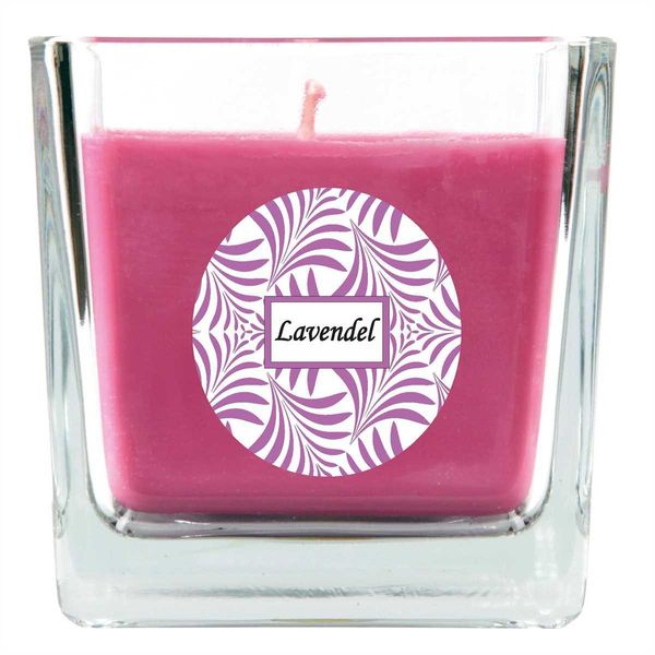 Candela Profumata Con Scritta "Lavender"" In Vetro Quadrato, 190 G Di Cera - Durata Di Combustione Circa 50 Ore, Candela In Vetro In Confezione Regalo"-image