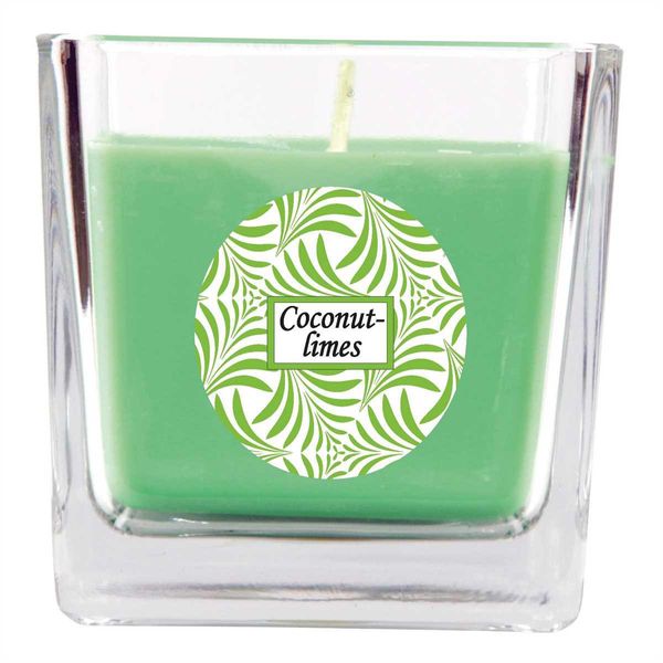 Candela Profumata Con Scritta "Coconut-Limes"" In Vetro Quadrato, 190 G Di Cera - Durata Di Combustione Circa 50 Ore, Candela In Vetro In Confezione Regalo"-image