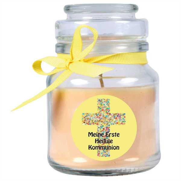 Candela Profumata In Barattolo Di Caramelle Per La Comunione, Fragranza: Vaniglia ( Giallo ), 120G - Brucia Fino A 30 Ore-image