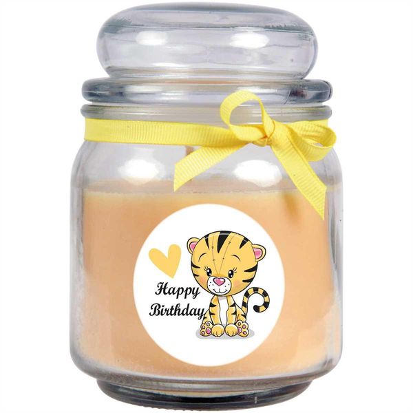 Candela Profumata In Barattolo Di Caramelle "Happy Birthday"", Fragranza: Vaniglia ( Giallo ), 300G - Dura Fino A 70 Ore"-image