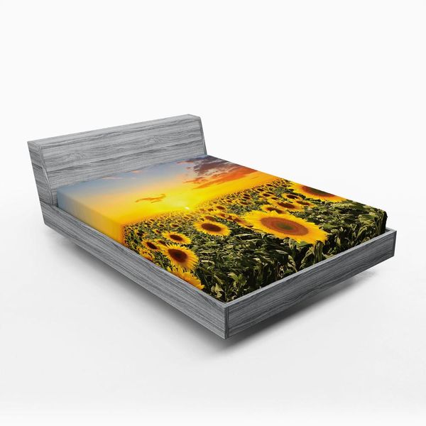 Abakuhaus Lenzuolo Con Angoli Mediterraneo, Campo Di Girasoli In Primavera, Tramonto, Habitat, Paesaggio, Natura, Campagna, 140 X 200 Cm, Verde Giallo-image