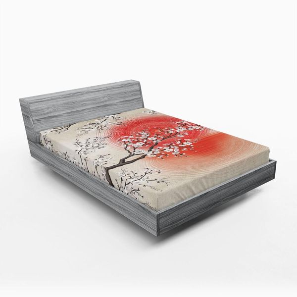 Abakuhaus Lenzuolo Con Angoli Cherry Blossom, Tema Folcloristico Giapponese Sakura Tree, 140 X 200 Cm, Grigio Giallo Corallo Scuro-image