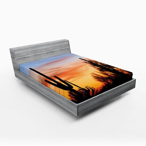 Abakuhaus Lenzuolo Con Angoli Western, Sunny Silhouette Di Cactus Nel Deserto Immagine Far West Natura Fotografia Del Tramonto, 150 X 190 Cm, Arancione E Nero-image