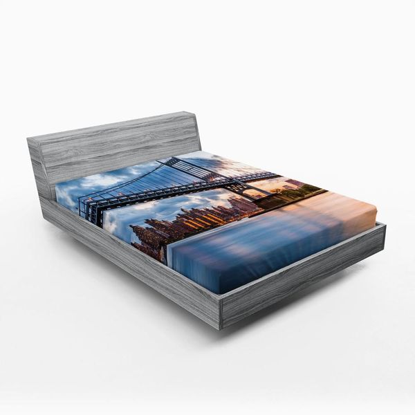 Abakuhaus New York City Lenzuolo Con Angoli, Kennedy Triboro Bridge Nel Queens New York Manhattan River Landscape, 90 X 190 Cm, Arancione Pesca Blu-image