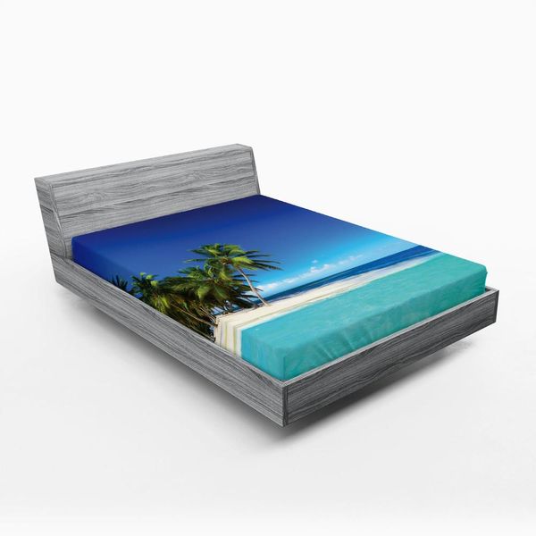 Abakuhaus Lenzuolo Con Angoli Ocean, Vista Costiera Isola Tropicale Costa Cielo Nuvole Giungla Paesaggio Naturale Sabbia, 90 X 190 Cm, Blu Reale Turchese-image