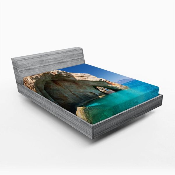 Abakuhaus Grecia Lenzuolo Con Angoli, Sea Cave Sull'isola Di Zante Grecia Vacanze Rilassanti Immagine Della Costa Marina, 180 X 200 Cm, Tan Azzurro Pallido-image