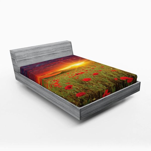 Abakuhaus Lenzuolo Con Angoli, Prato Con Erba E Papaveri, Cielo Scuro Drammatico Sullo Sfondo, 90 X 200 Cm, Blu Cadetto, Rosso Scarlatto, Verde-image