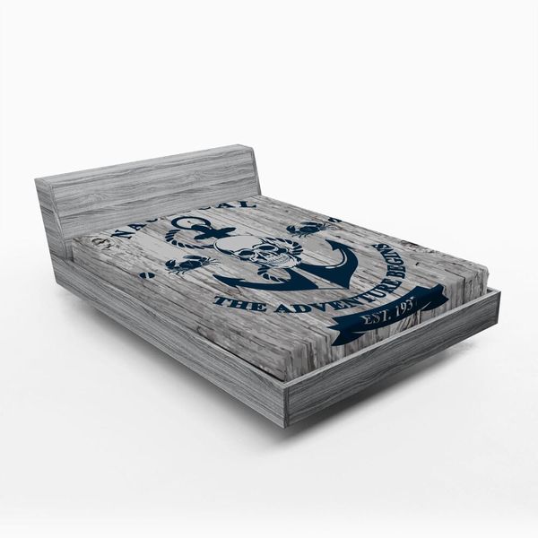 Abakuhaus Lenzuolo Con Angoli, Arte Con Ancora, Teschio E Corda "L'avventura Nautica Ha Inizio"" Messaggio Storico, 90 X 190 Cm, Beige E Blu Navy"-image