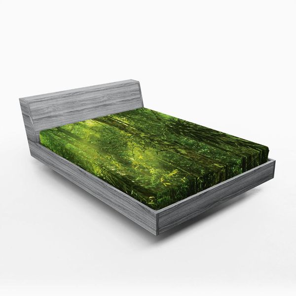 Abakuhaus Lenzuolo Con Angoli Rainforest, Sun Radioso Nella Foresta Tropicale Avventura Escursionismo Ambiente Remoto Denso Verde, 140 X 200 Cm, Verde-image