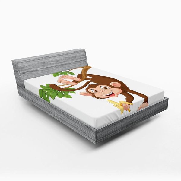Abakuhaus Lenzuolo Con Angoli Caricaturale, Scimmia Divertente Appesa All'albero E Banane, Stampa Con Tema Animali Della Giungla, 90 X 200 Cm, Bianco Cioccolato-image