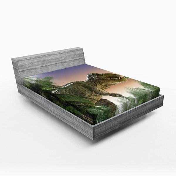 Abakuhaus Lenzuolo Con Angoli Jurassic, Dinosauri Nella Giungla Alberi Foresta Natura Foresta Predatore Spaventoso Violenza, 160 X 200 Cm, Verde Blu Pesca-image