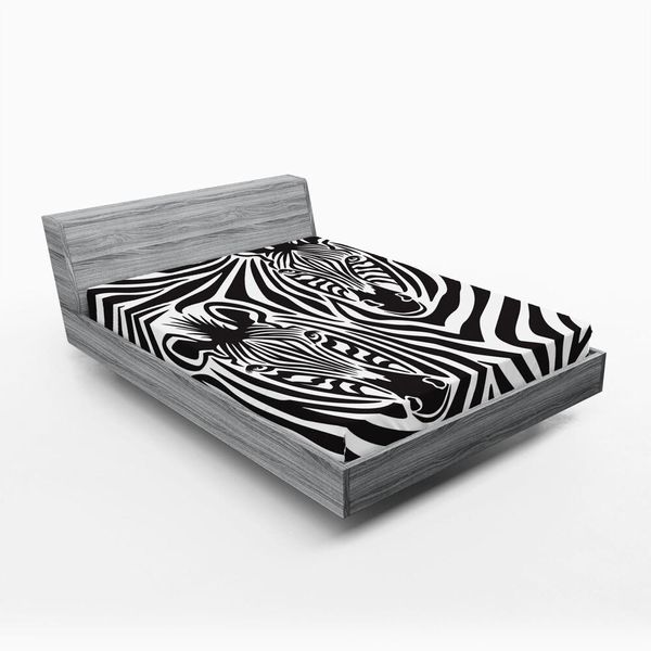 Abakuhaus Lenzuolo Con Angoli Safari, Coppia Zebre Occhi Teste Motivo Artistico Animali Selvatici Design, 135 X 190 Cm, Grigio Antracite Bianco-image