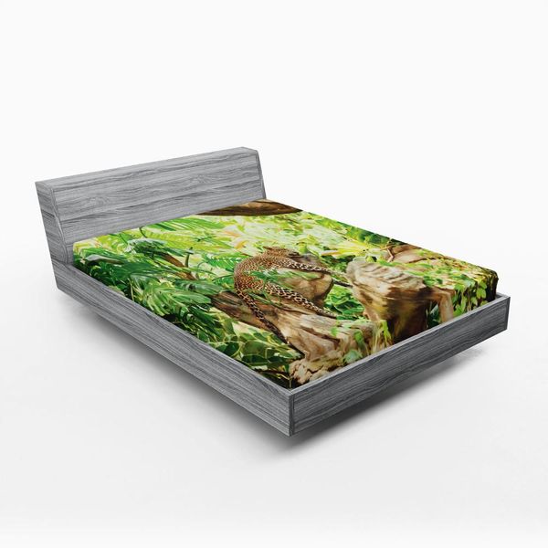 Abakuhaus Lenzuolo Con Angoli Safari, Leopardo Nella Savana Esotico Macrotropico Foglia Giungla Natura Selvaggia Arte, 90 X 190 Cm, Marrone Verde-image