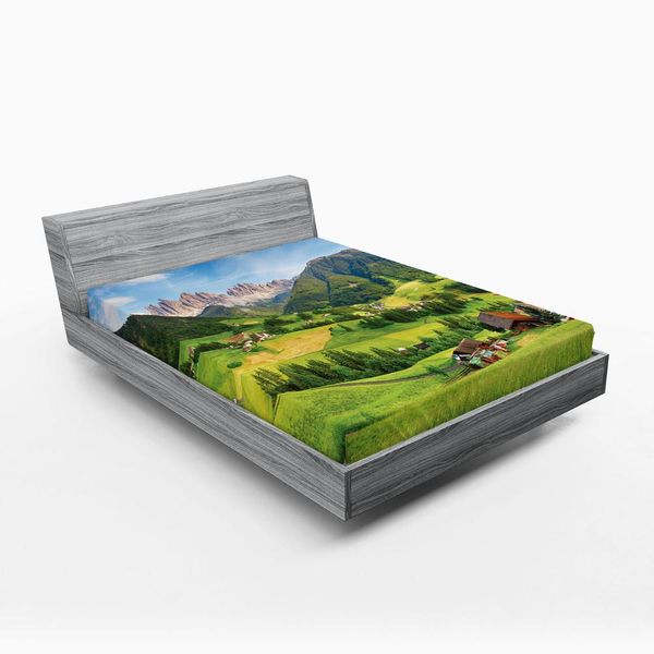 Abakuhaus Lenzuolo Con Angoli Naturale, Alpi In Primavera Con Erba Fresca, Cielo E Maestose Montagne, Immagine Artistica, 135 X 190 Cm, Verde Blu-image