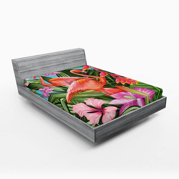Abakuhaus Lenzuolo Con Angoli Flamingo, Illustrazione Di Fenicotteri Con Giardino Tropicale Fiori Di Ibisco Vintage, 90 X 190 Cm, Verde Blu Rosa-image