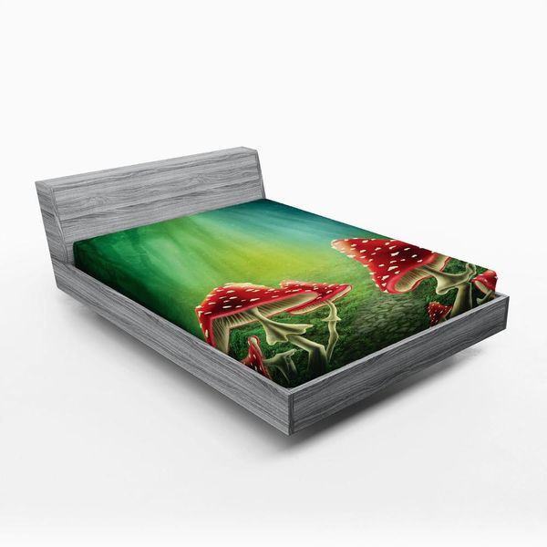 Abakuhaus Lenzuolo Con Angoli Fungo, Dark Wald Con Funghi Avventura Misty Mysterious Wizard Strega Magia, 120 X 190 Cm, Verde Mare Rosso Crema-image