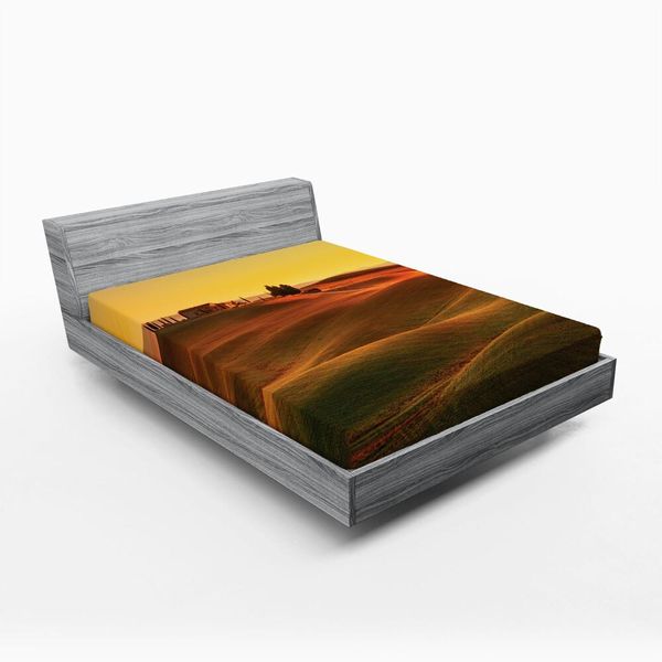Abakuhaus Lenzuolo Con Angoli Italiano, Paesaggio Mediterraneo Europeo, Stampa Con Casa Di Campagna, 150 X 190 Cm, Arancione E Bianco-image