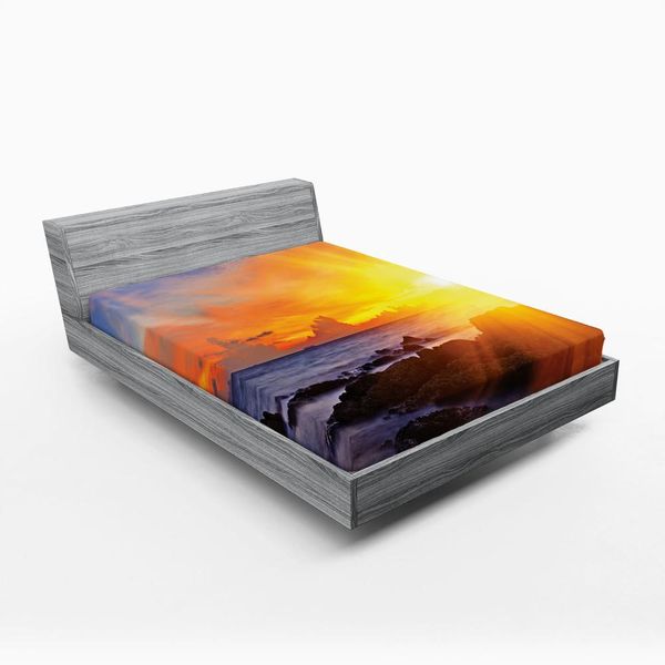 Abakuhaus Lenzuolo Con Angoli, Tramonto Colorato Con Cielo Romantico Su Spiaggia Tropicale, Stampa Paesaggio Fantasia, 140 X 200 Cm, Arancione E Blu-image