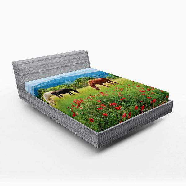 Abakuhaus Lenzuolo Con Angoli Per Cavalli, Diversi Tipi Di Cavalli, Prato, Campo, Papaveri, Paesaggio Montano, Scene Rurali, 120 X 190 Cm, Multicolore-image