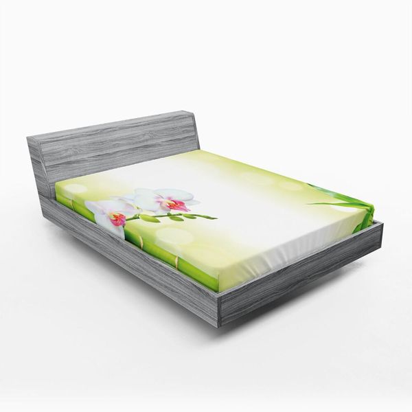Abakuhaus Spa Lenzuolo Con Angoli, Fiori Di Orchidea Con Rami Di Bambù In Vari Colori Tema Spirituale, 150 X 190 Cm, Verde E Bianco-image