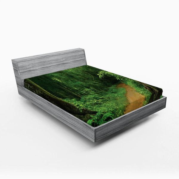 Abakuhaus Lenzuolo Con Angoli Tropicale, Giungla Tropicale, Sentiero Tra Gli Alberi, Fogliame, Natura Selvaggia, Paesaggio Naturale, 135 X 190 Cm, Verde Marrone-image