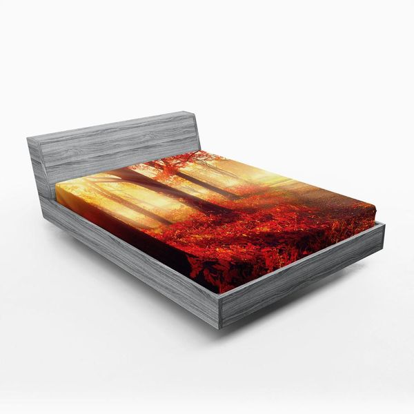 Abakuhaus Lenzuolo Con Angoli, Sun Beams Attraverso La Nebbiosa Foresta Autunnale Vista Mattutina Immagine Da Sogno, 135 X 190 Cm, Giallo Rosso-image