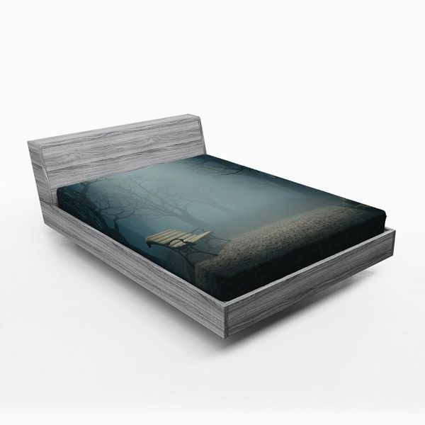 Abakuhaus Lenzuolo Con Angoli, Panchina Nel Parco In Una Notte Buia E Misteriosa, Horror Nella Foresta Spaventosa, Design Habitat, 135 X 190 Cm, Crema Blu-image