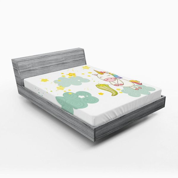 Abakuhaus Lenzuolo Con Angoli Unicorno, Sopra Le Nuvole Cattura Le Stelle Stampa Illustrazione In Stile Cartone Animato Per Bambini, 135 X 190 Cm, Verde Giallo-image
