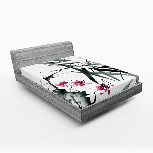 Abakuhaus Lenzuolo Con Angoli Giapponese, Fiori Di Ciliegio Naturali, Motivo Tribale Minimalista Giapponese, 135 X 190 Cm, Verde Scuro E Rosso Porpora-image
