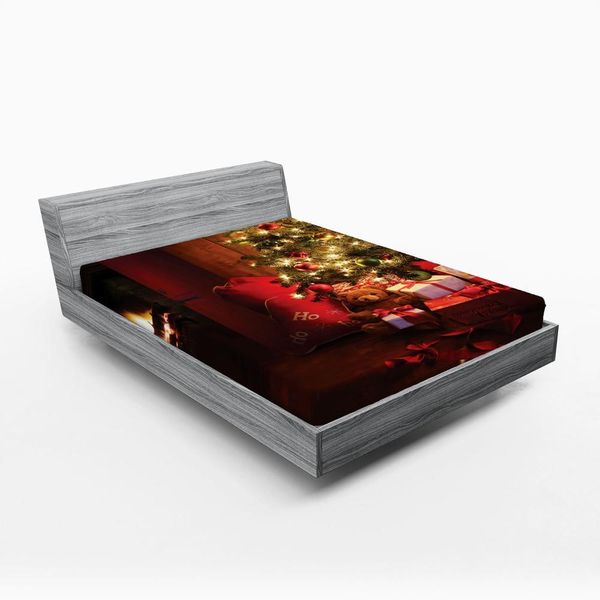 Abakuhaus Lenzuolo Con Angoli Natalizio, Scene Natalizie Con Albero E Regali Attraverso Il Camino Artful Design Image, 135 X 190 Cm, Giallo Rosso-image