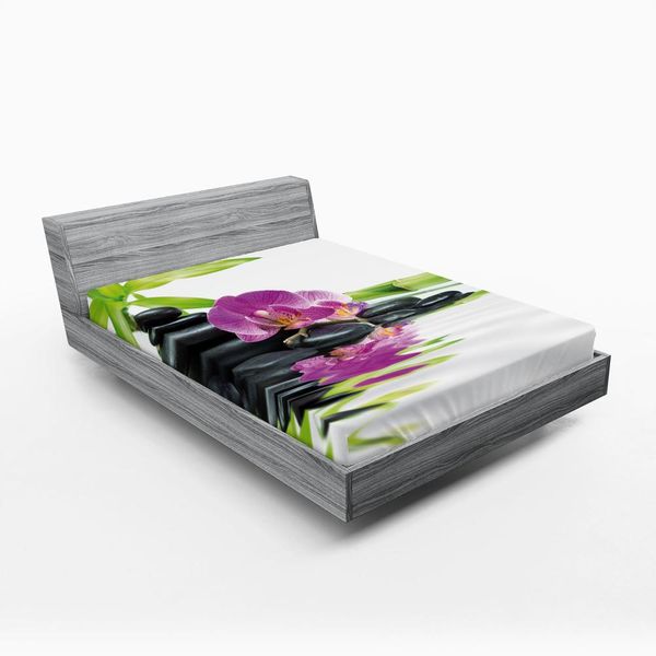 Abakuhaus Spa Lenzuolo Con Angoli, Relax Asiatico Zen Massaggio Con Pietre Orchidea Viola Bambù, 135 X 190 Cm, Nero Viola-image