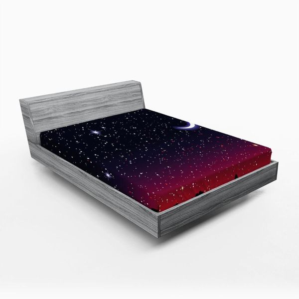 Abakuhaus Lenzuolo Con Angoli, Cielo Rosso Con Paesaggio Stellato Fantasia Astronomica, 160 X 200 Cm, Indaco Magenta Nero-image