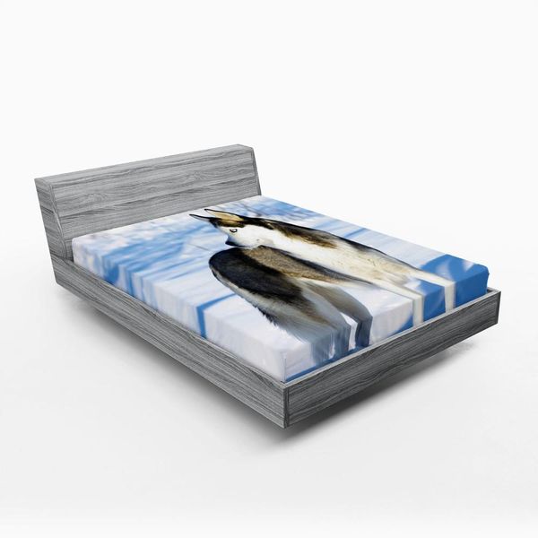 Abakuhaus Lenzuolo Con Angoli Alaskan Malamute, Chukchi Husky Breed Dog Su Paesaggio Invernale Rurale Coperto Di Neve, 90 X 190 Cm, Nero Bianco Azzurro Pallido-image