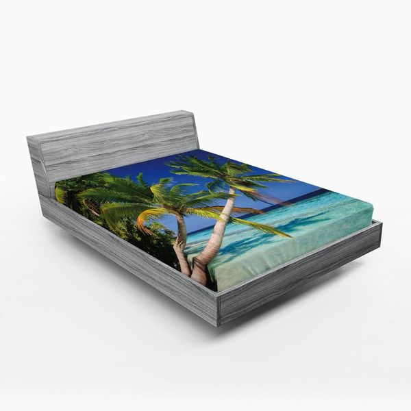 Abakuhaus Lenzuolo Con Angoli Tropicale, Spiaggia Esotica Delle Maldive Con Palme, Paradiso Costiero, Paesaggio Vacanziero, 135 X 190 Cm, Verde Felce Turchese-image