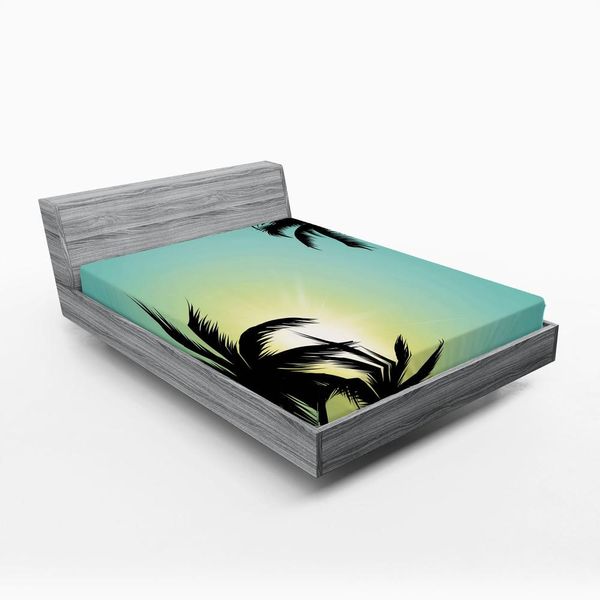 Abakuhaus Lenzuolo Con Angoli Moderno, Palme Hawaiane Di Miami Beach Island Con Sole E Cielo Limpido, Stampa Artistica, 180 X 200 Cm, Nero Seafoam-image