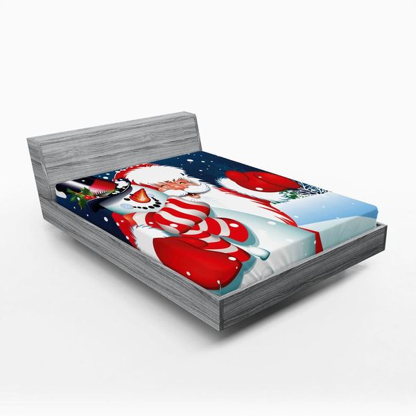 Abakuhaus Lenzuolo Con Angoli Natalizio, Babbo Natale Sorridente, Pupazzo Di Neve, Amico, Motivo Caricaturale, 120 X 190 Cm, Bianco, Blu, Rosso-image