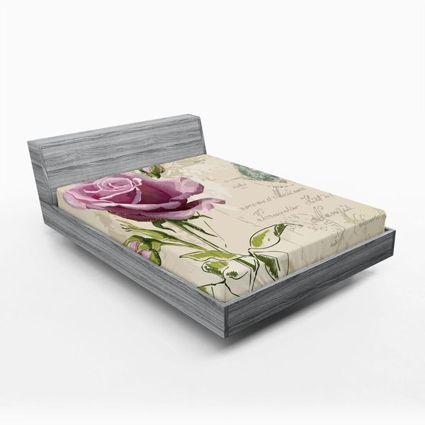 Abakuhaus Lenzuolo Con Angoli, Francobollo Cartoline Con Delicati Fiori Di Rosa E Foglie Motivo Romantico, 90 X 200 Cm, Rosa Pallido Verde Chiaro-image